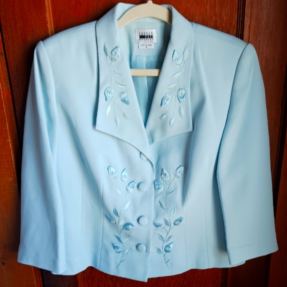 Leslie Fay Satin Roses Embellished Soft Aqua Women's Suit Dress Set | Size 12